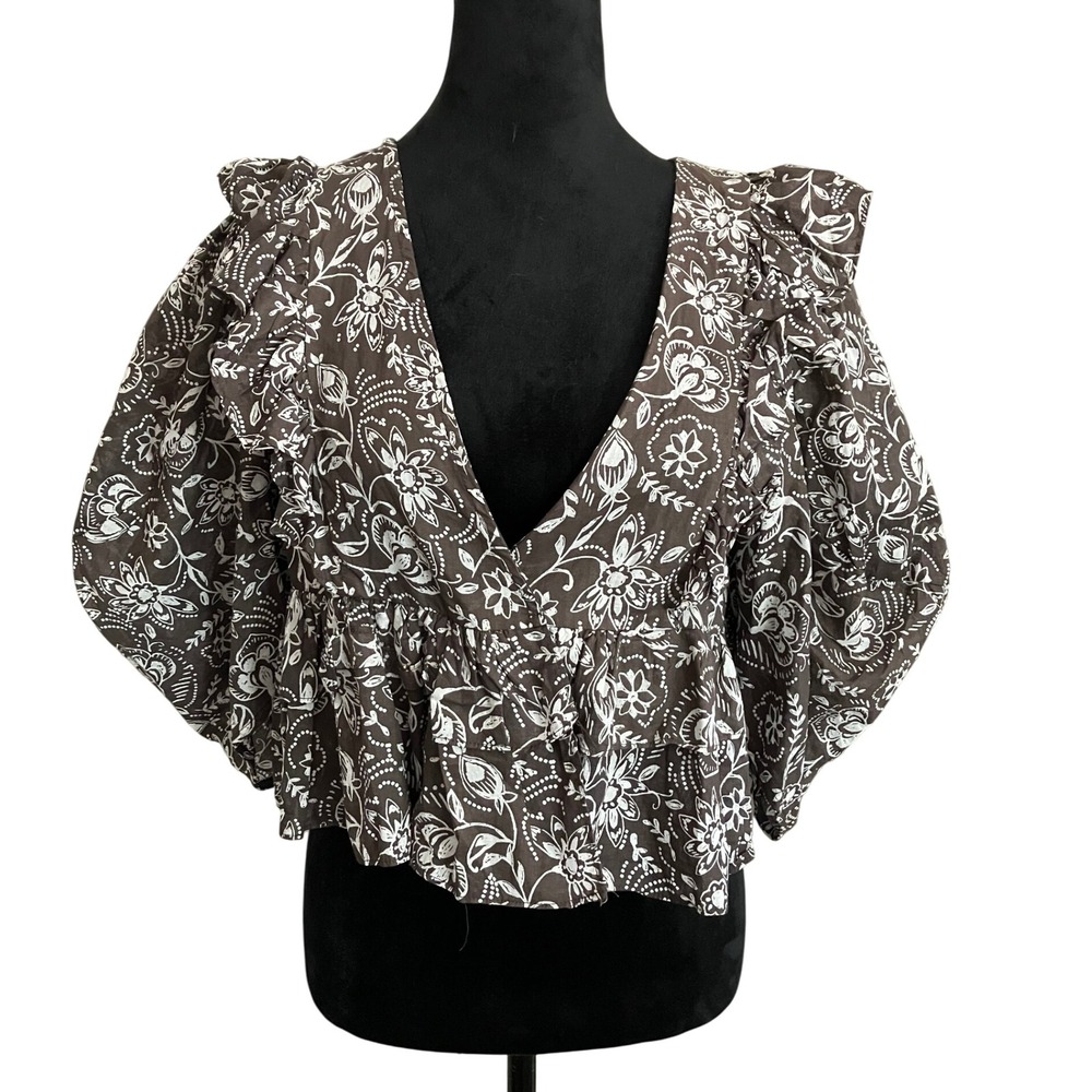 Olivaceous‎ V-neck Snap Front Blouse Brown and White Floral Womens Size Med NWT
